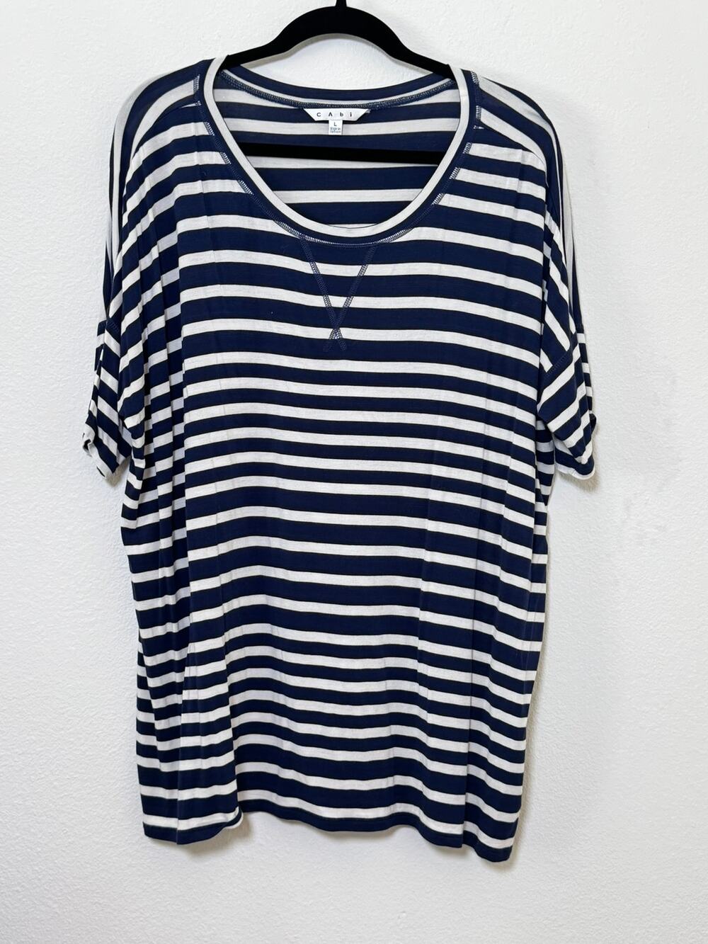 Cabi Boxy Nautical Stripe Oversized Tee Large Navy White 4th of July Patriotic